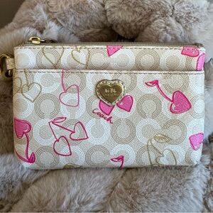 Coach Waverly Cherry Heart Wristlet in Tan, Gold, & Pink